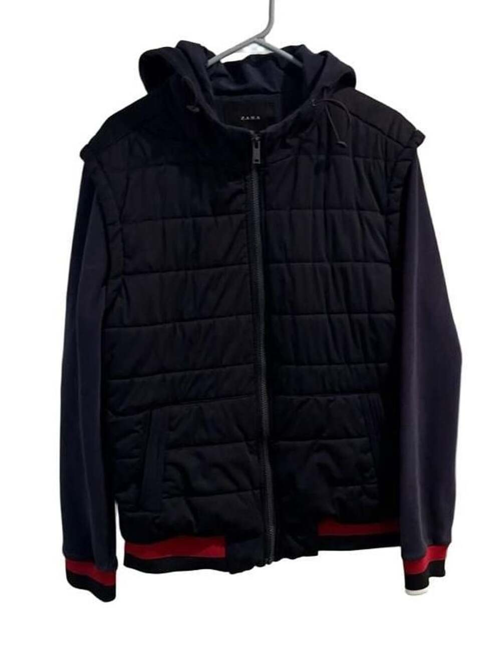 Zara Quilted puffer women Jacket Size XL Navy Hooded Fleece Sleeve